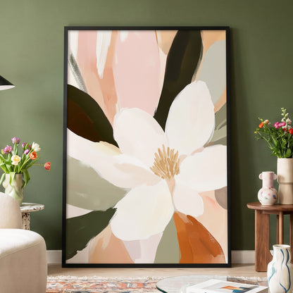 Blush Petal Reverie, white, pink, green floral wall art displayed in a styled interior, gallery view 9