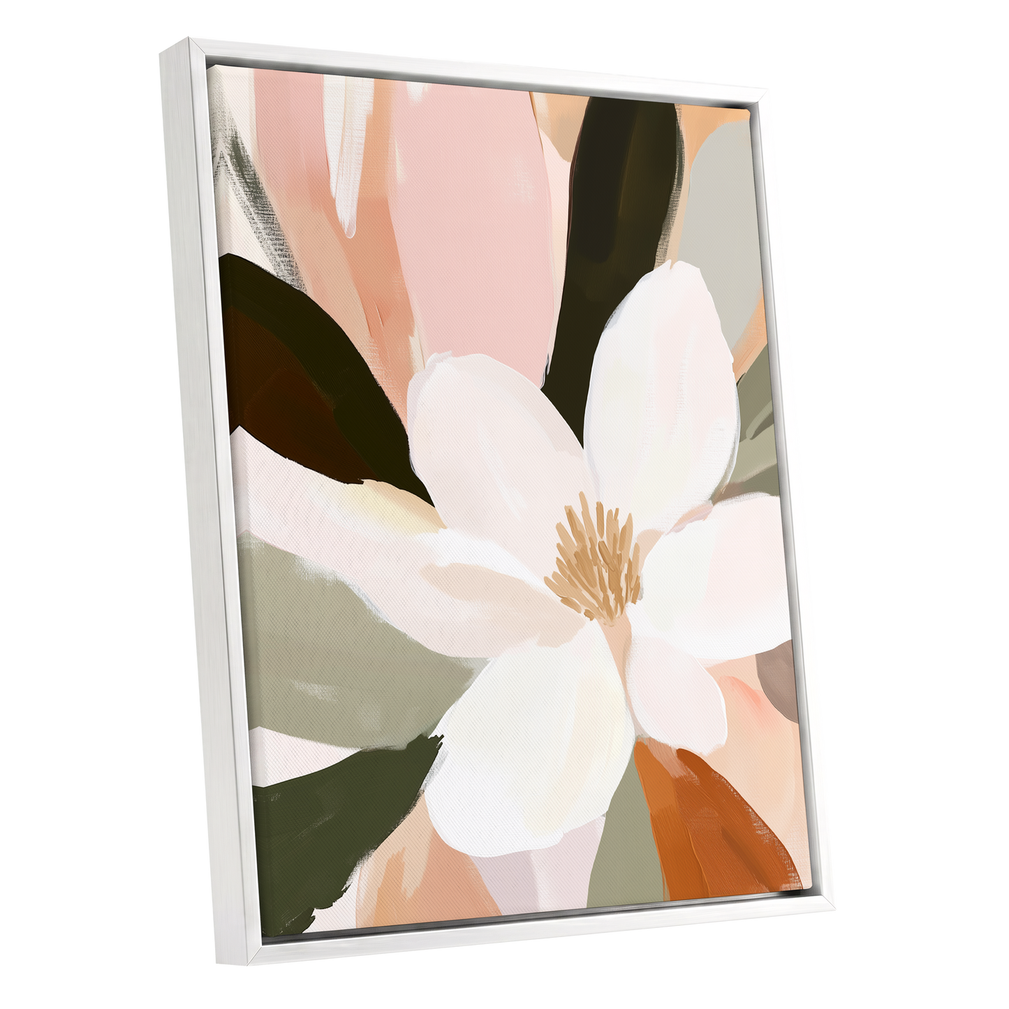 Blush Petal Reverie, white, pink, green floral wall art shown as a white framed canvas wall art