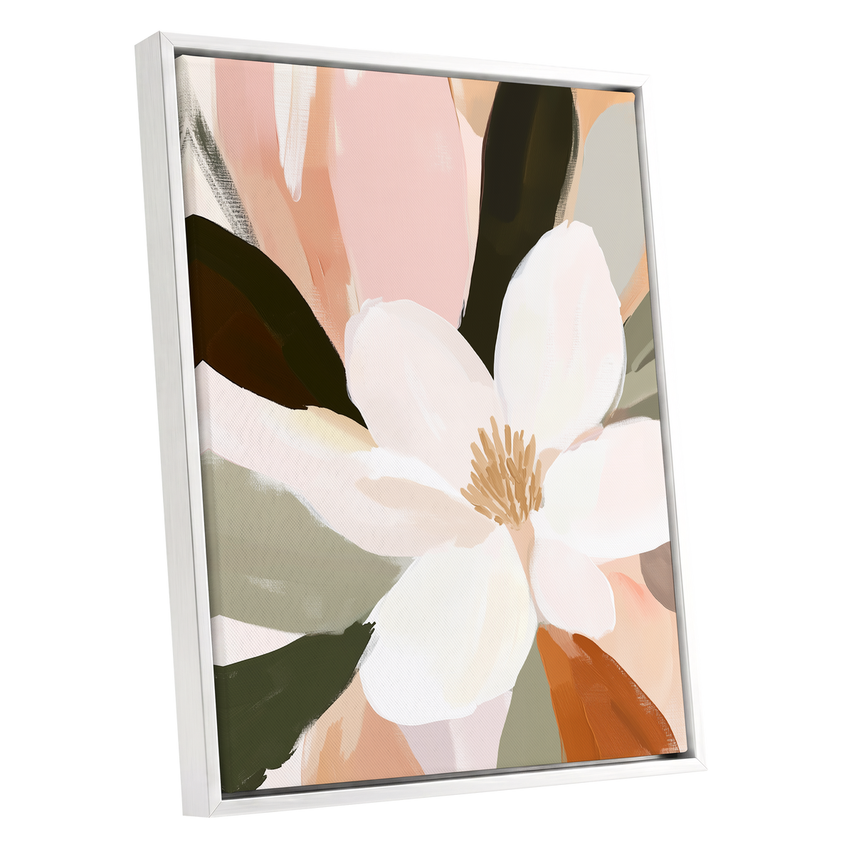 Blush Petal Reverie, white, pink, green floral wall art shown as a white framed canvas wall art