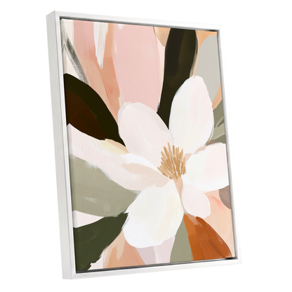 Blush Petal Reverie, white, pink, green floral wall art shown as a white framed canvas wall art