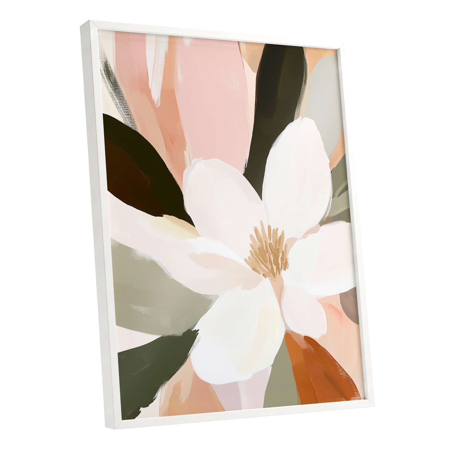 Blush Petal Reverie, white, pink, green floral wall art shown as a white framed poster wall art print