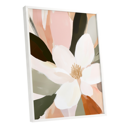 Blush Petal Reverie, white, pink, green floral wall art shown as a white framed poster wall art print