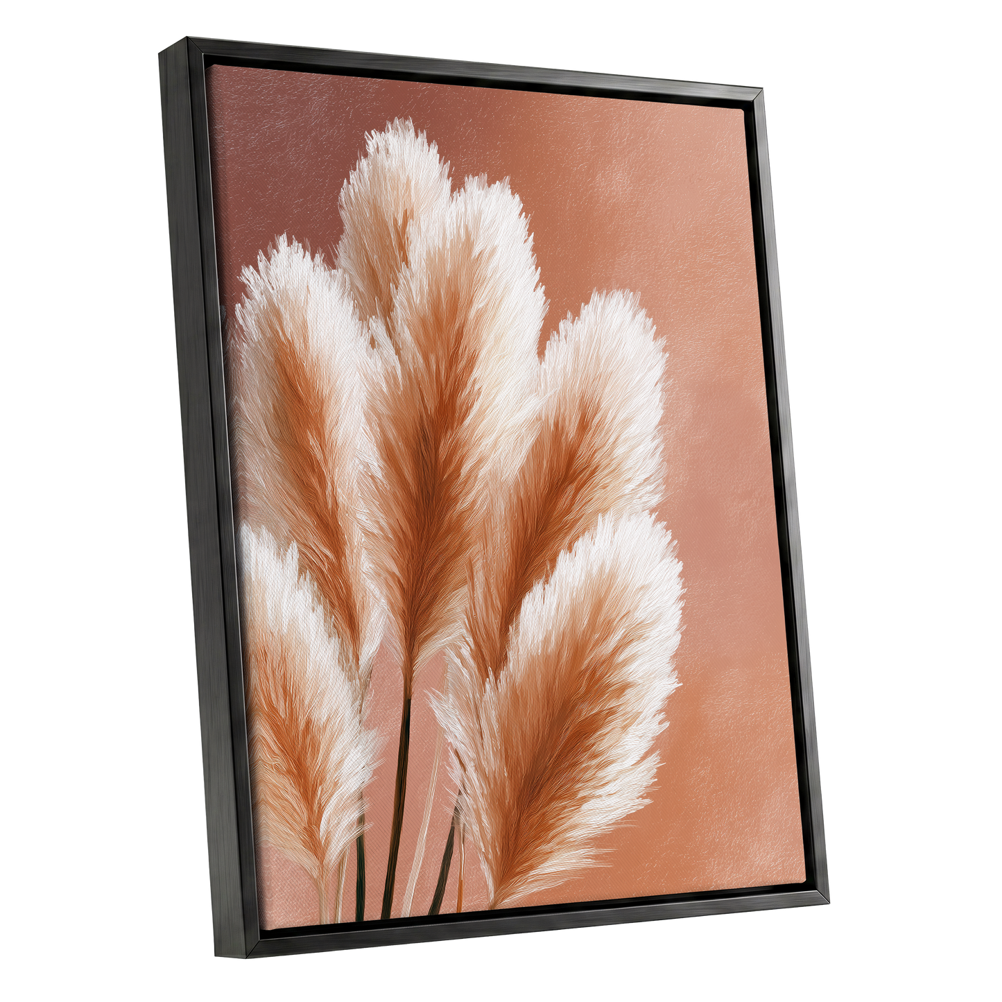 Blush Plume Reverie, pink, white, brown nature wall art shown as a black framed canvas wall art