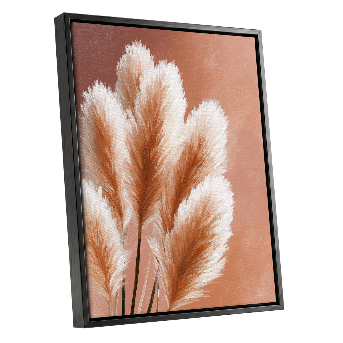 Blush Plume Reverie, pink, white, brown nature wall art shown as a black framed canvas wall art