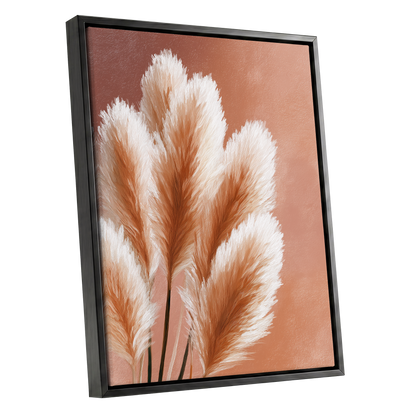 Blush Plume Reverie, pink, white, brown nature wall art shown as a black framed canvas wall art