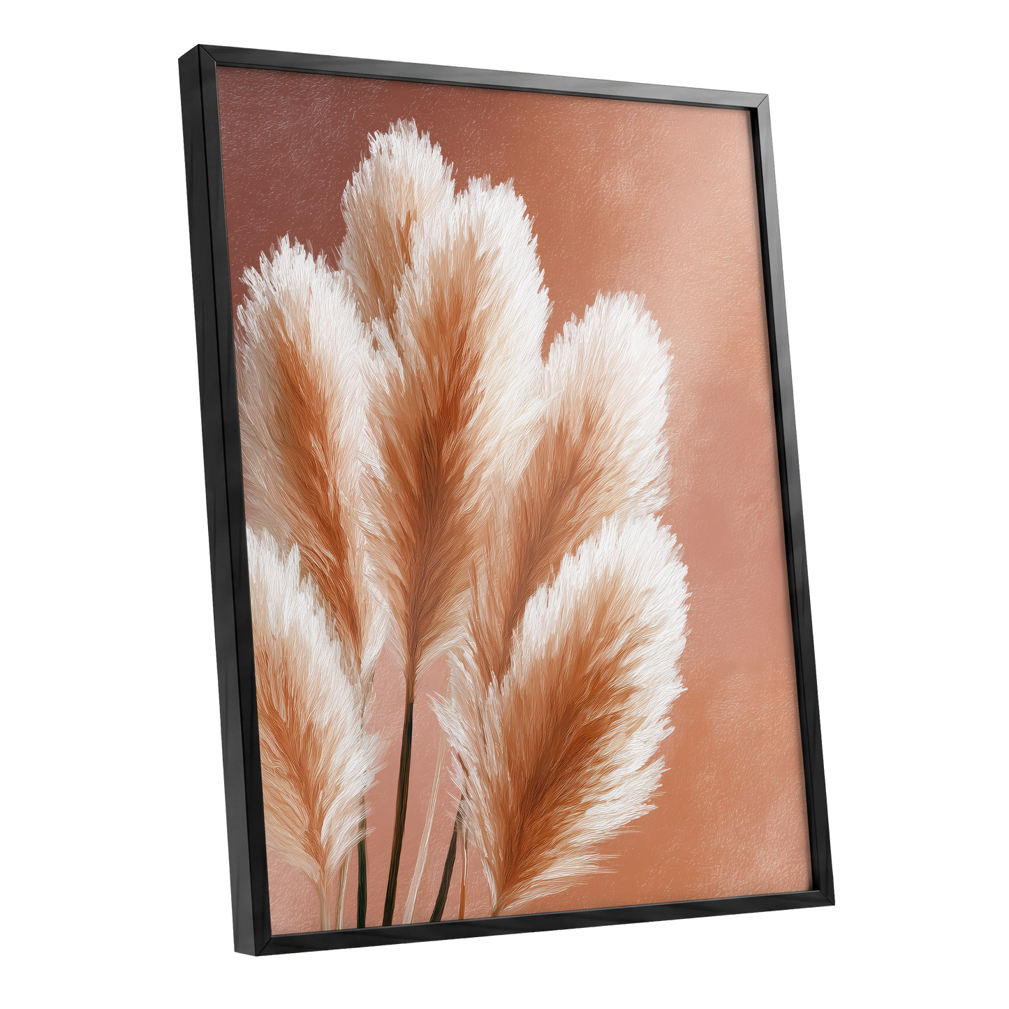 Blush Plume Reverie, pink, white, brown nature wall art shown as a black framed poster wall art print