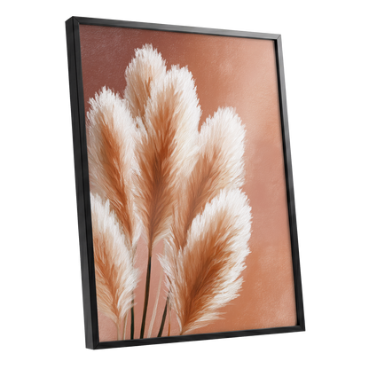 Blush Plume Reverie, pink, white, brown nature wall art shown as a black framed poster wall art print