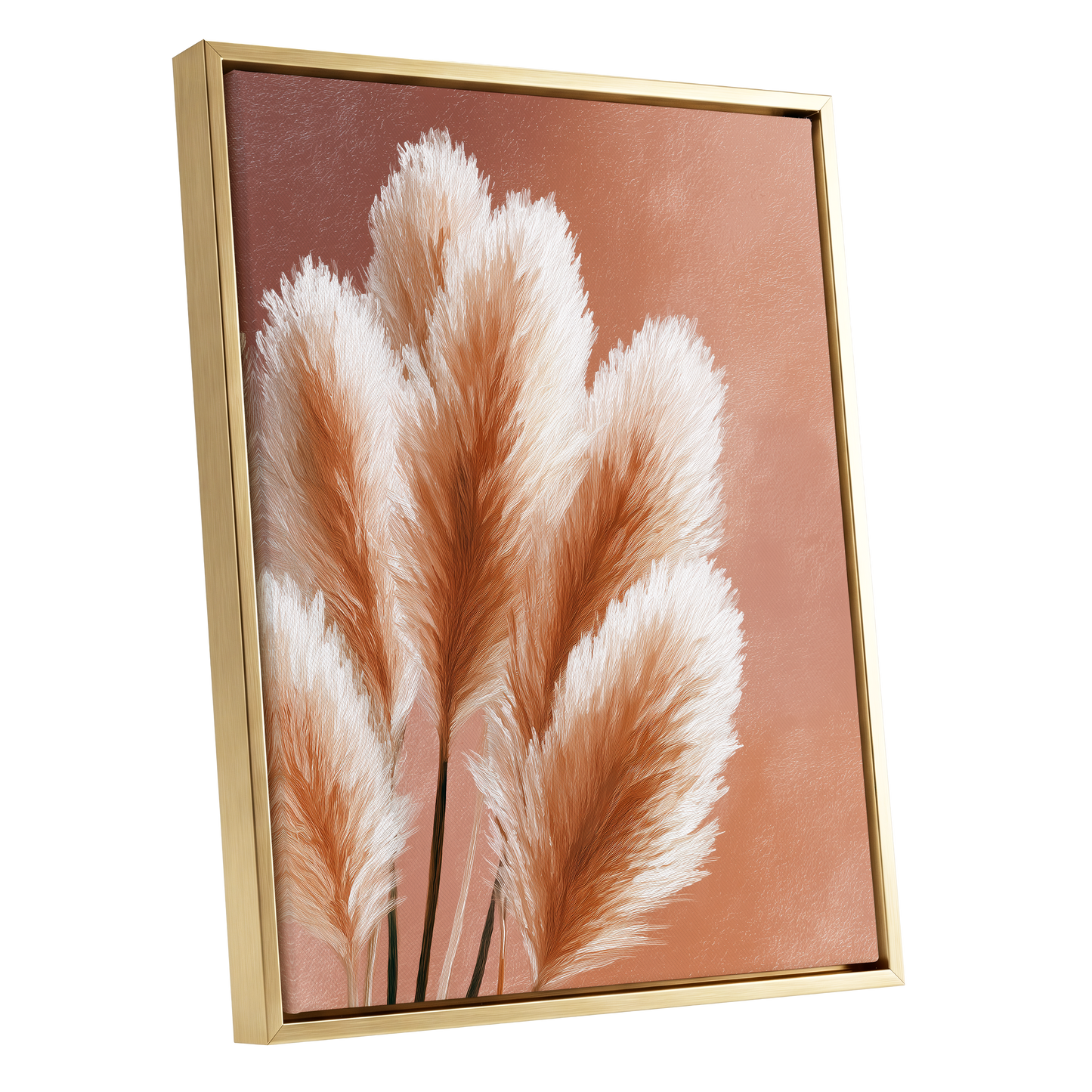 Blush Plume Reverie, pink, white, brown nature wall art shown as a gold framed canvas wall art