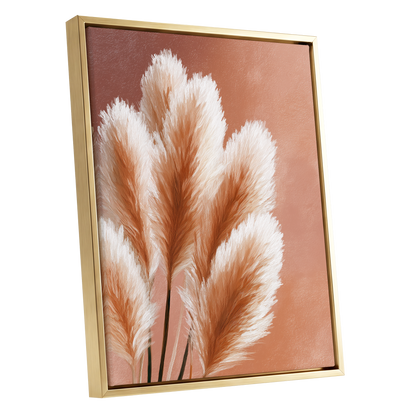 Blush Plume Reverie, pink, white, brown nature wall art shown as a gold framed canvas wall art
