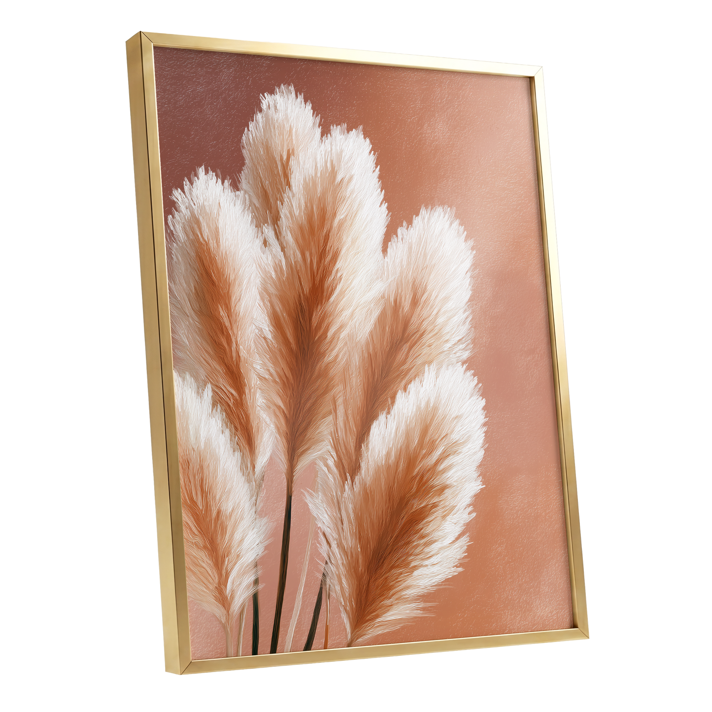 Blush Plume Reverie, pink, white, brown nature wall art shown as a gold framed poster wall art print