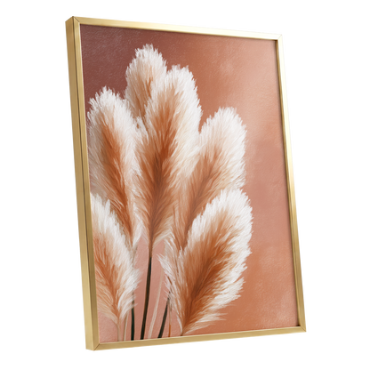 Blush Plume Reverie, pink, white, brown nature wall art shown as a gold framed poster wall art print
