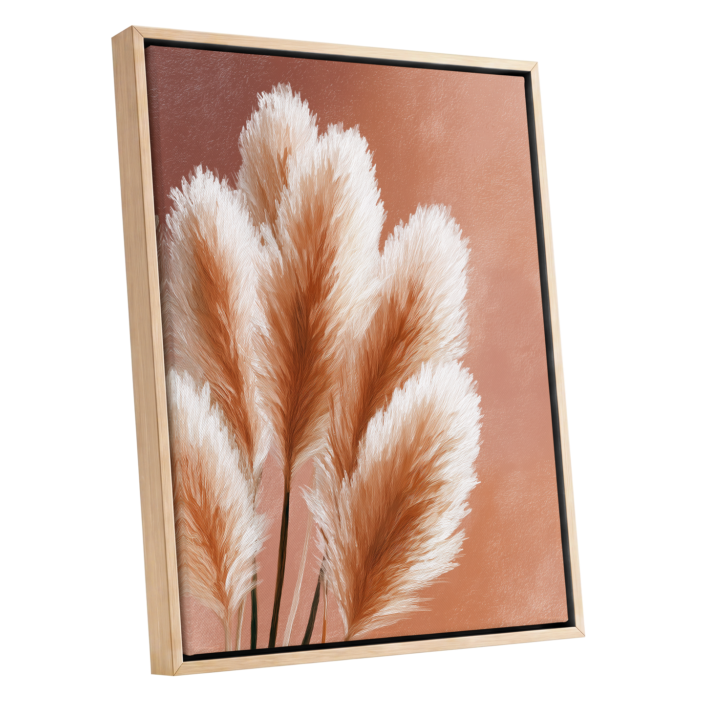Blush Plume Reverie, pink, white, brown nature wall art shown as a oak framed canvas wall art