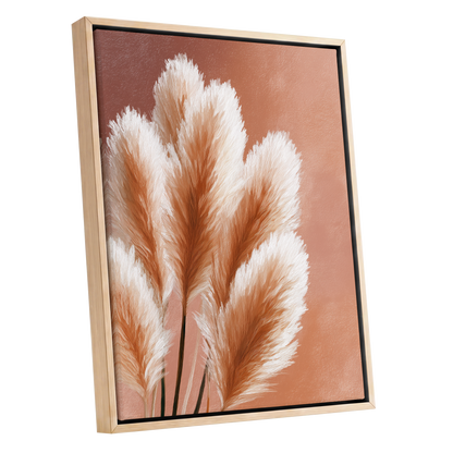 Blush Plume Reverie, pink, white, brown nature wall art shown as a oak framed canvas wall art