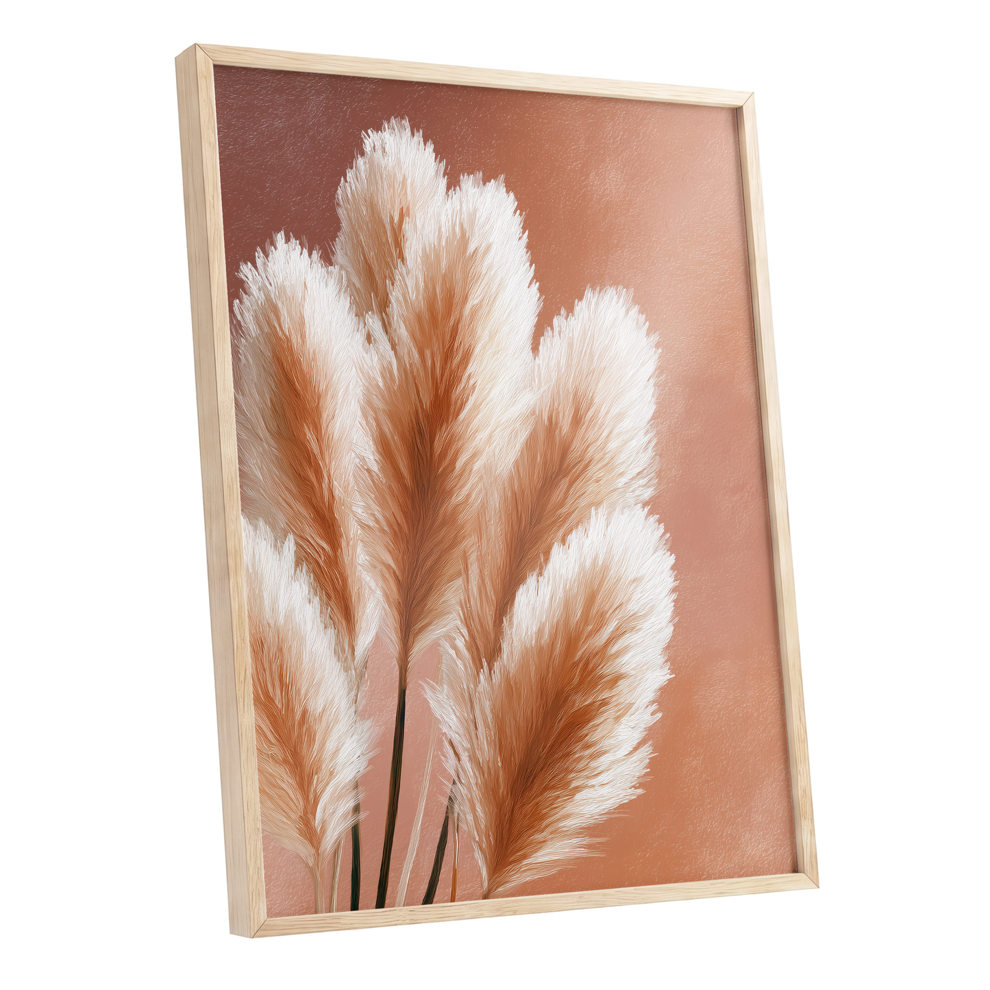 Blush Plume Reverie, pink, white, brown nature wall art shown as a oak framed poster wall art print
