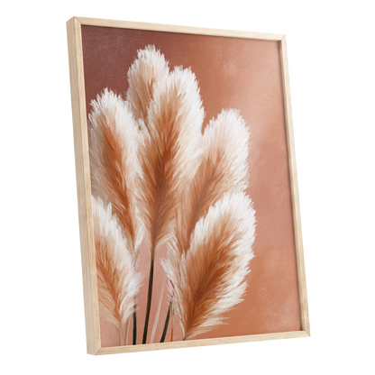 Blush Plume Reverie, pink, white, brown nature wall art shown as a oak framed poster wall art print