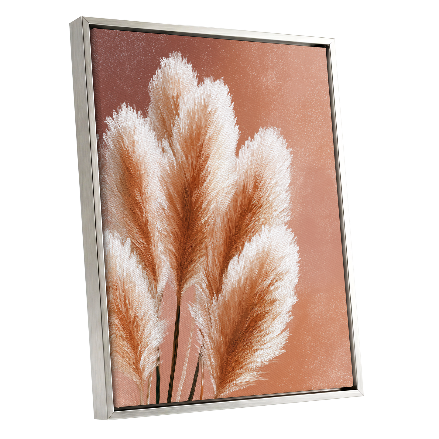 Blush Plume Reverie, pink, white, brown nature wall art shown as a silver framed canvas wall art
