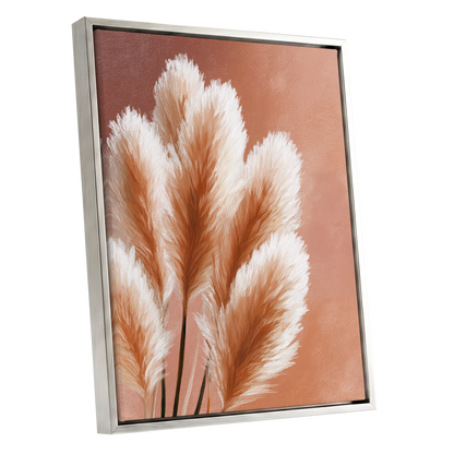 Blush Plume Reverie, pink, white, brown nature wall art shown as a silver framed canvas wall art