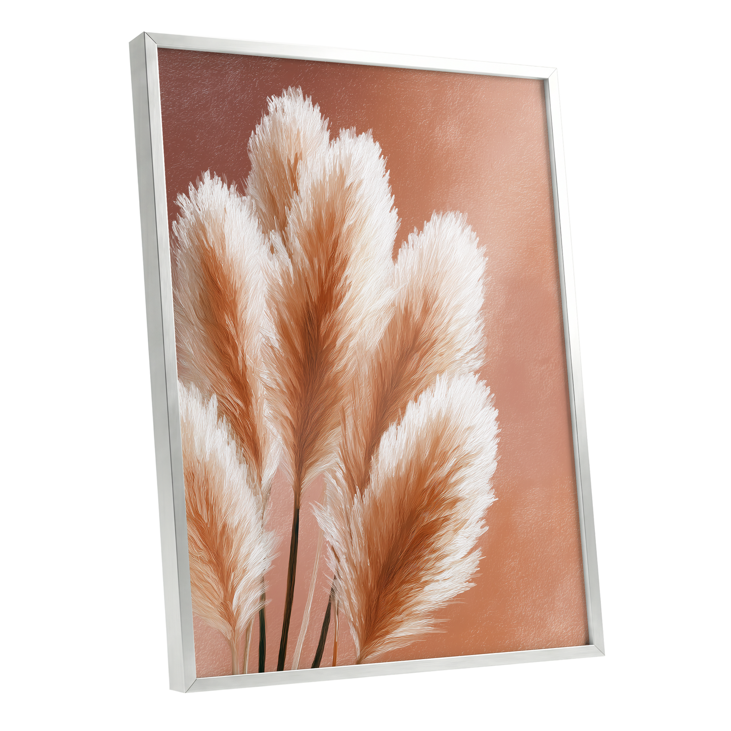 Blush Plume Reverie, pink, white, brown nature wall art shown as a silver framed poster wall art print
