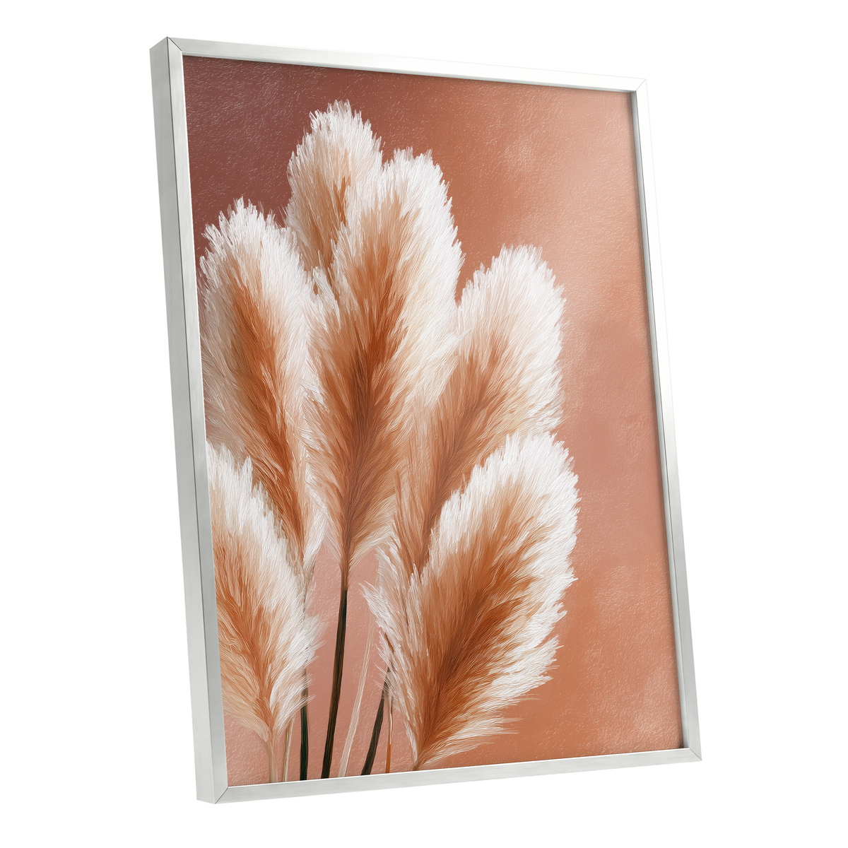 Blush Plume Reverie, pink, white, brown nature wall art shown as a silver framed poster wall art print