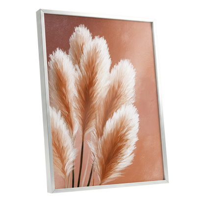Blush Plume Reverie, pink, white, brown nature wall art shown as a silver framed poster wall art print