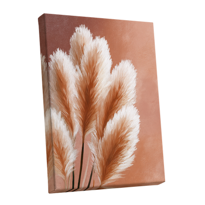 Blush Plume Reverie, pink, white, brown nature wall art shown as a stretched canvas wall art