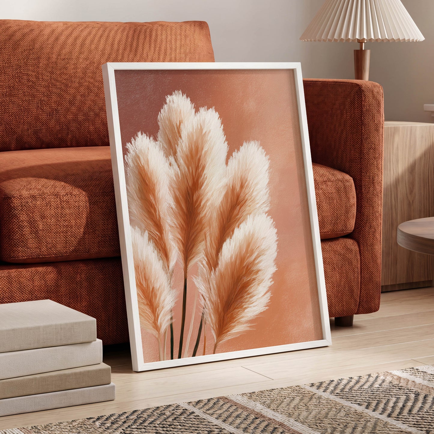 Blush Plume Reverie, pink, white, brown nature wall art displayed in a styled interior, gallery view 2
