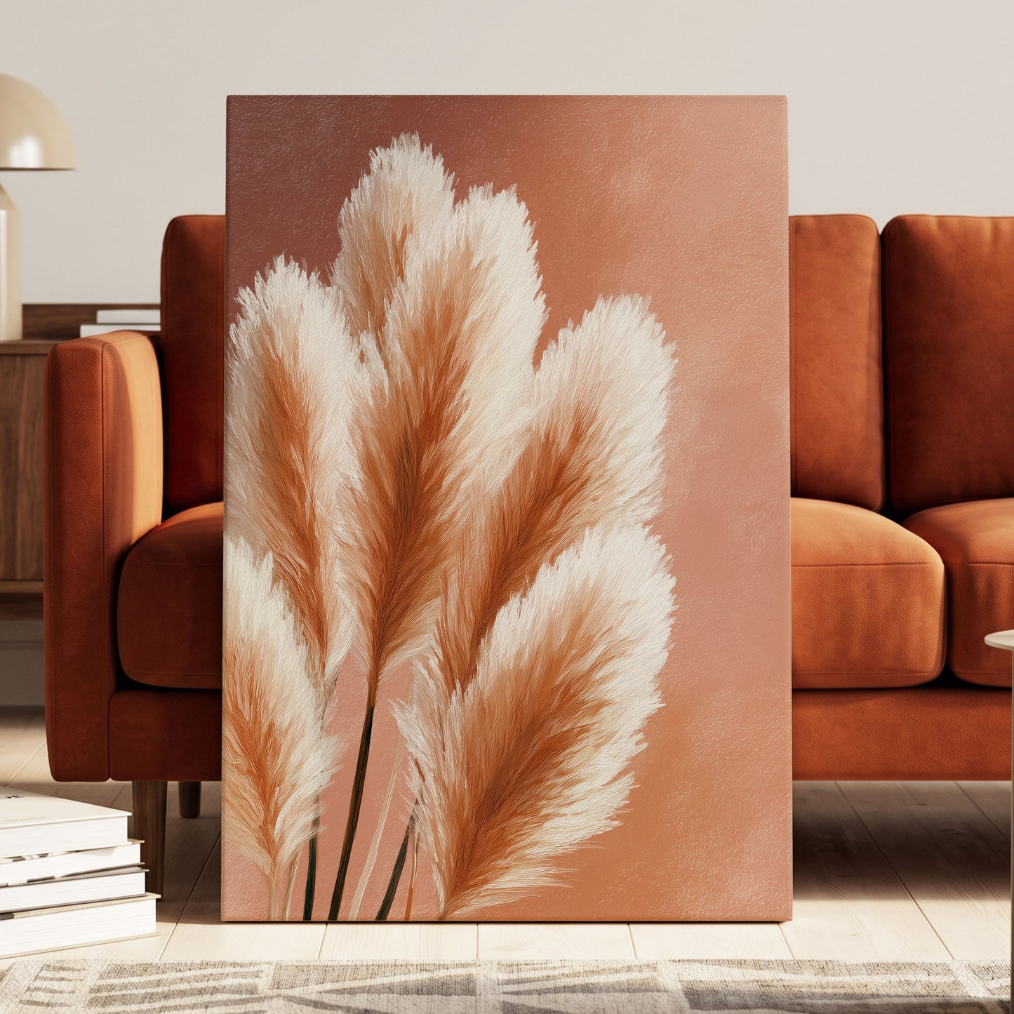 Blush Plume Reverie, pink, white, brown nature wall art displayed in a styled interior, gallery view 3