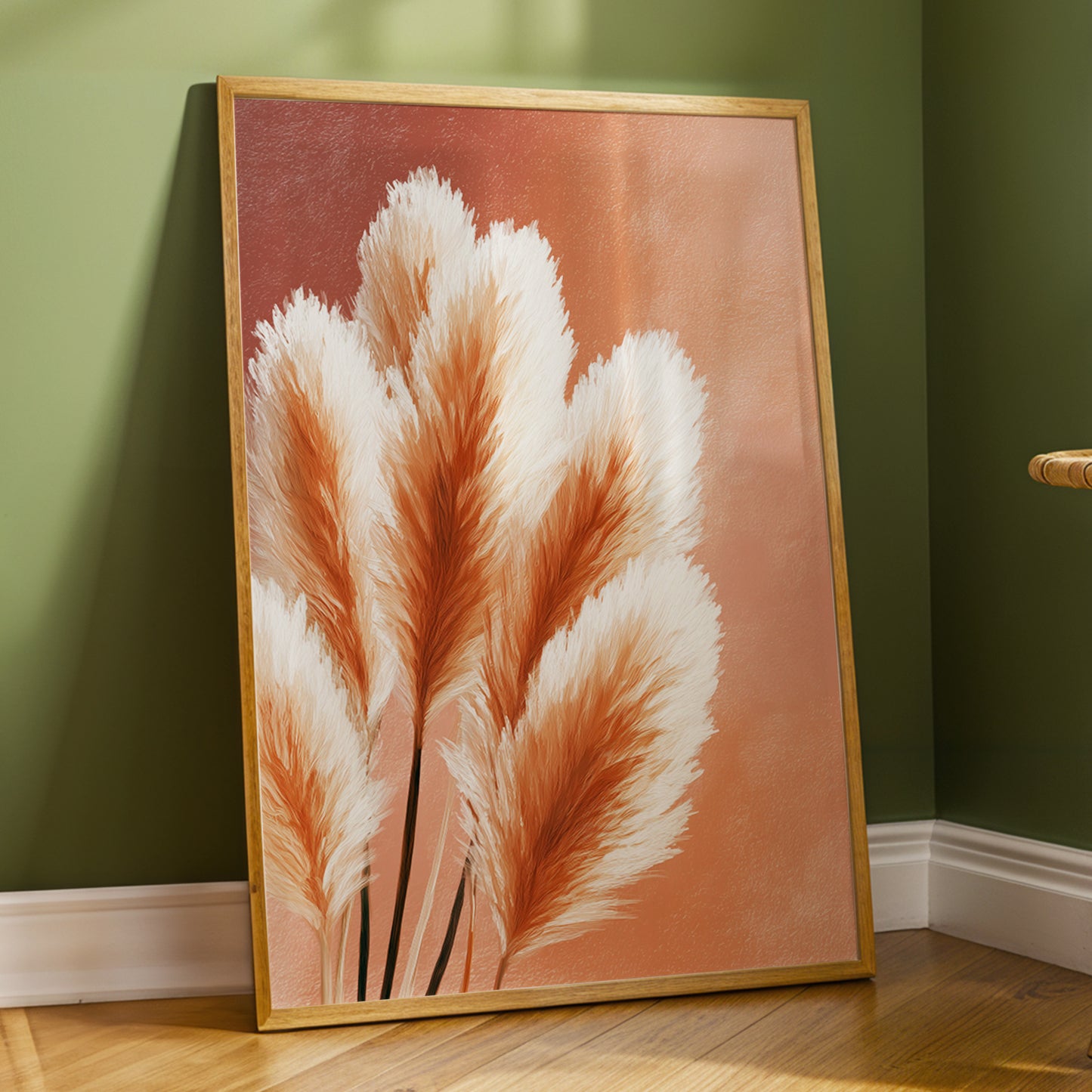 Blush Plume Reverie, pink, white, brown nature wall art displayed in a styled interior, gallery view 6