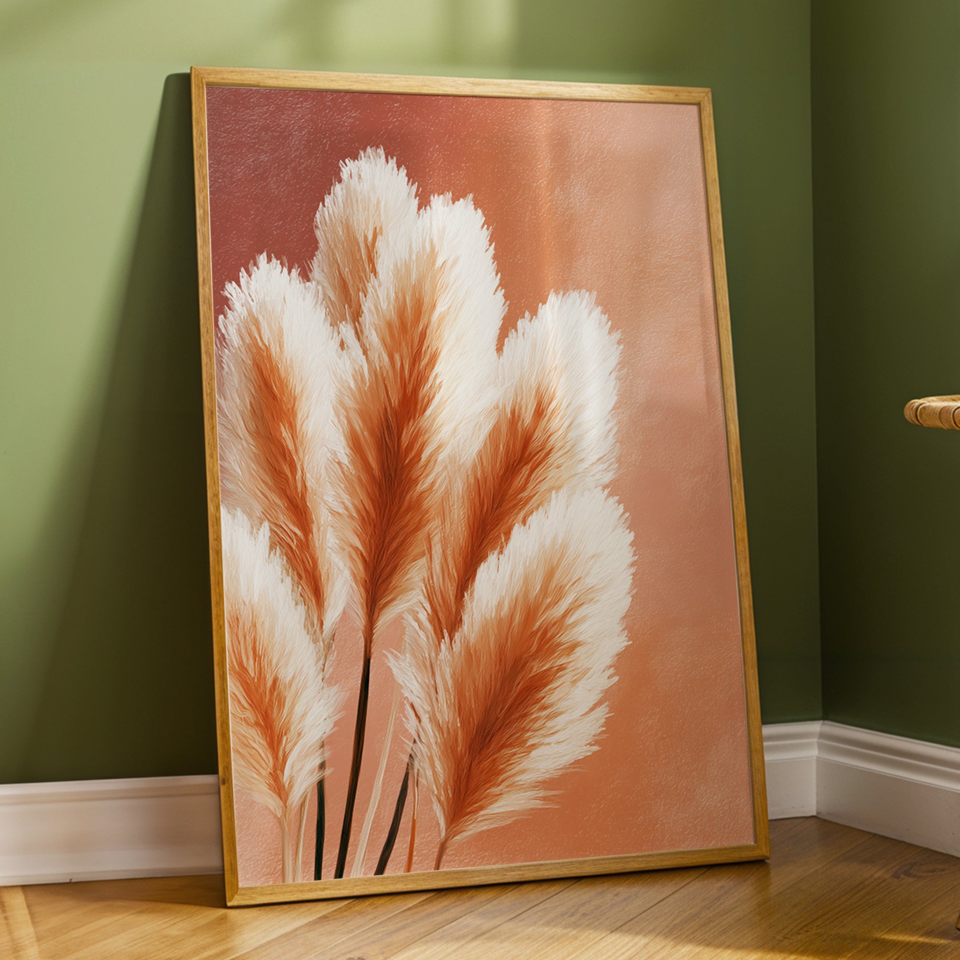 Blush Plume Reverie, pink, white, brown nature wall art displayed in a styled interior, gallery view 6