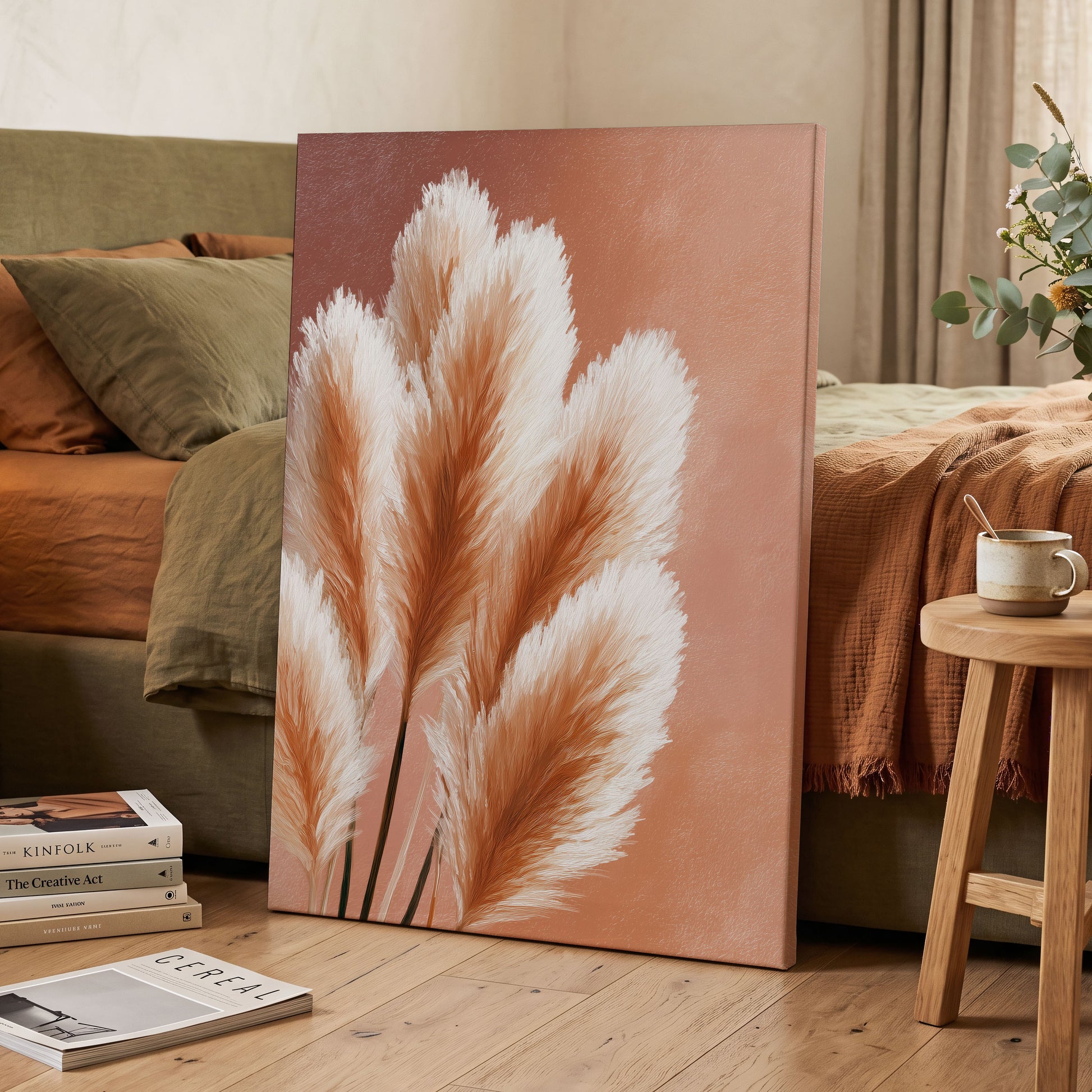 Blush Plume Reverie, pink, white, brown nature wall art displayed in a styled interior, gallery view 7