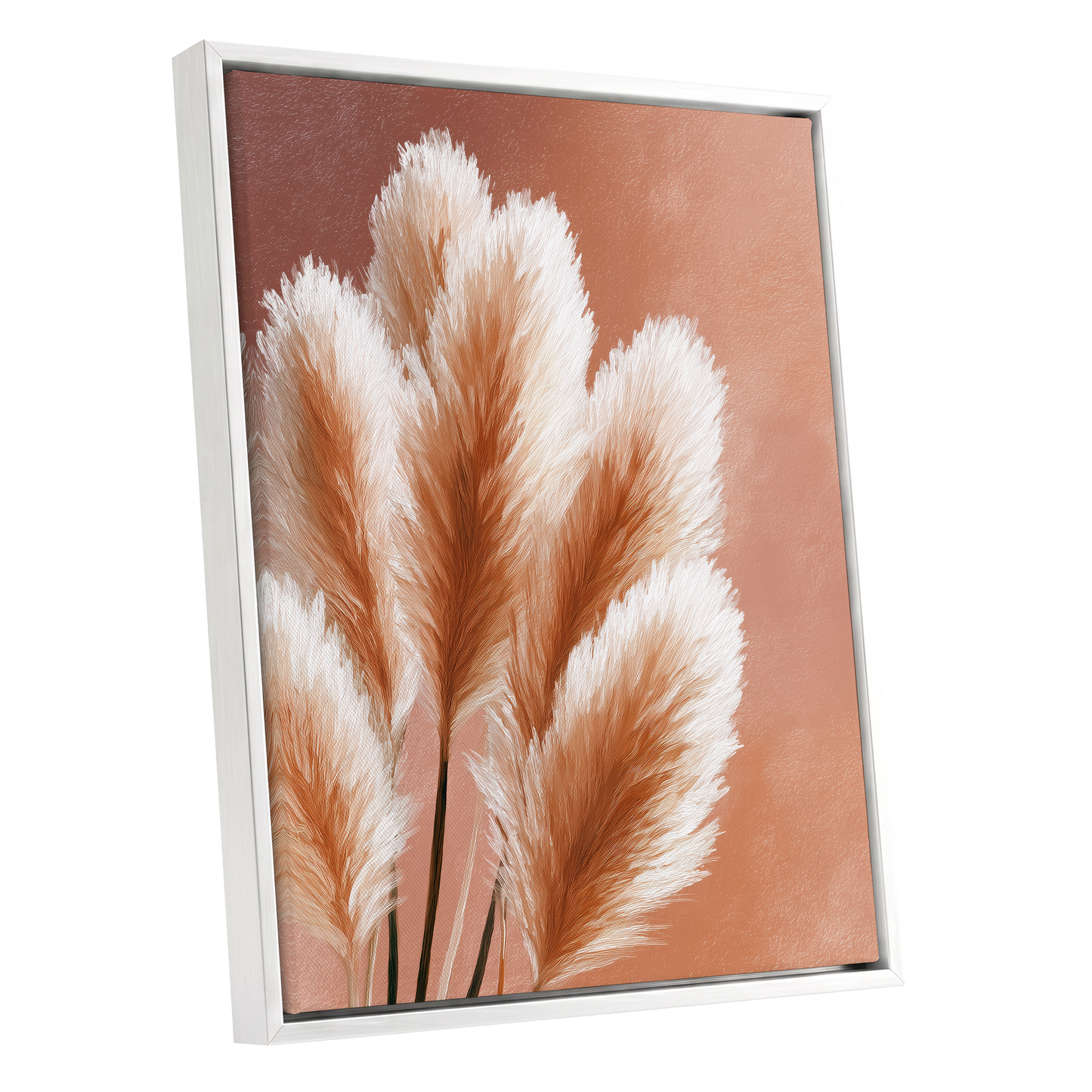 Blush Plume Reverie, pink, white, brown nature wall art shown as a white framed canvas wall art