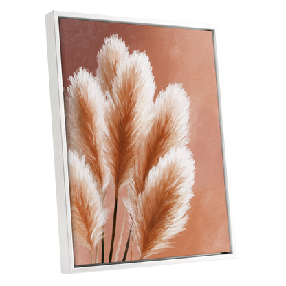 Blush Plume Reverie, pink, white, brown nature wall art shown as a white framed canvas wall art