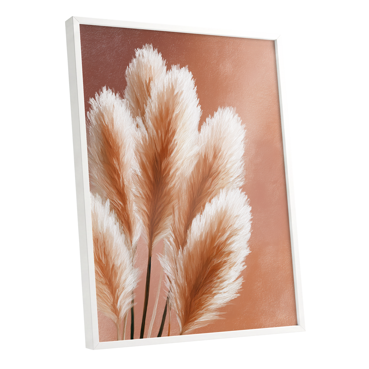 Blush Plume Reverie, pink, white, brown nature wall art shown as a white framed poster wall art print