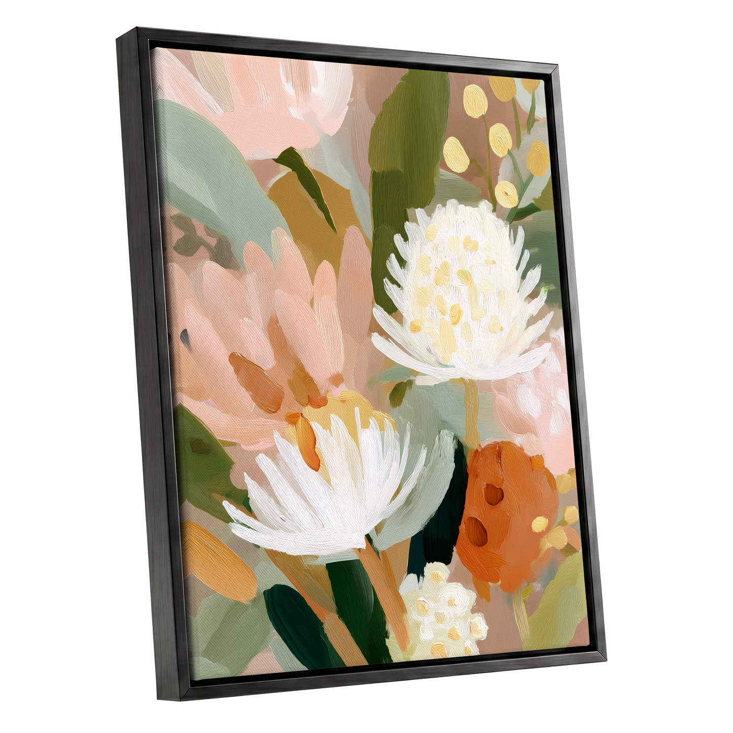 Blush Protea Garden, pink, white, green floral wall art shown as a black framed canvas wall art