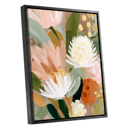 Blush Protea Garden, pink, white, green floral wall art shown as a black framed canvas wall art