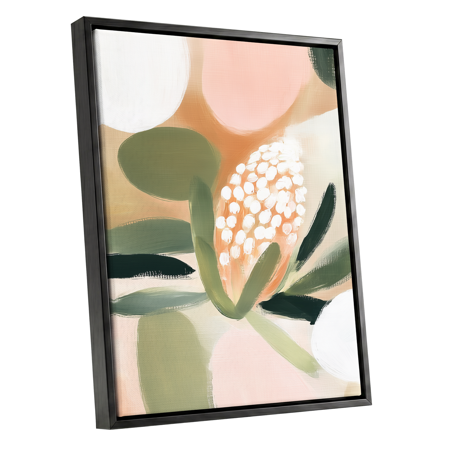 Blush Protea Garden, pink, green, beige floral wall art shown as a black framed canvas wall art