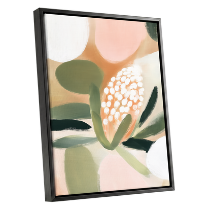 Blush Protea Garden, pink, green, beige floral wall art shown as a black framed canvas wall art