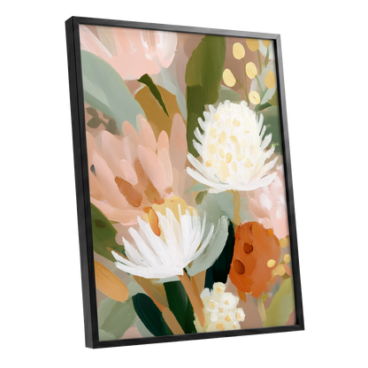 Blush Protea Garden, pink, white, green floral wall art shown as a black framed poster wall art print