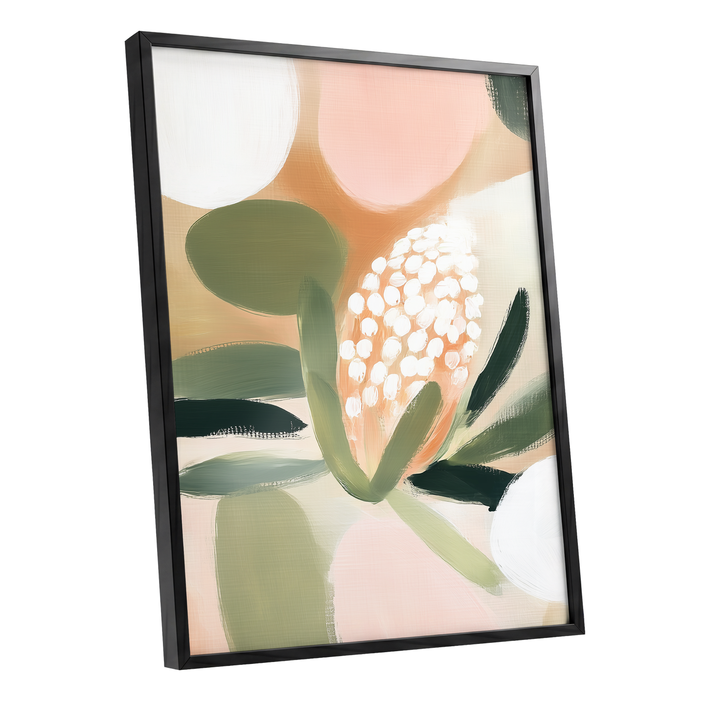 Blush Protea Garden, pink, green, beige floral wall art shown as a black framed poster wall art print