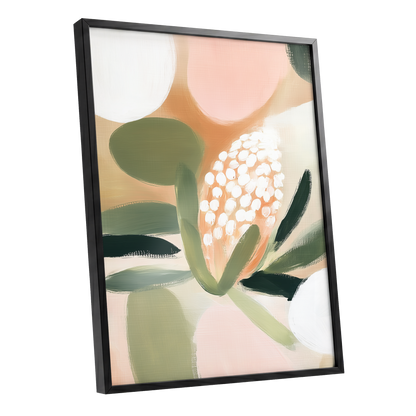 Blush Protea Garden, pink, green, beige floral wall art shown as a black framed poster wall art print