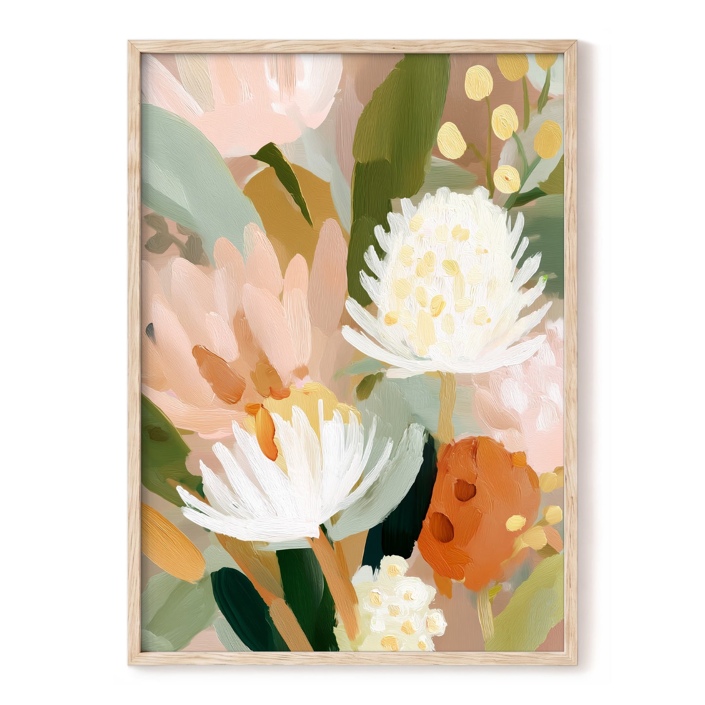 Blush Protea Garden, pink, white, green floral wall art, front artwork view