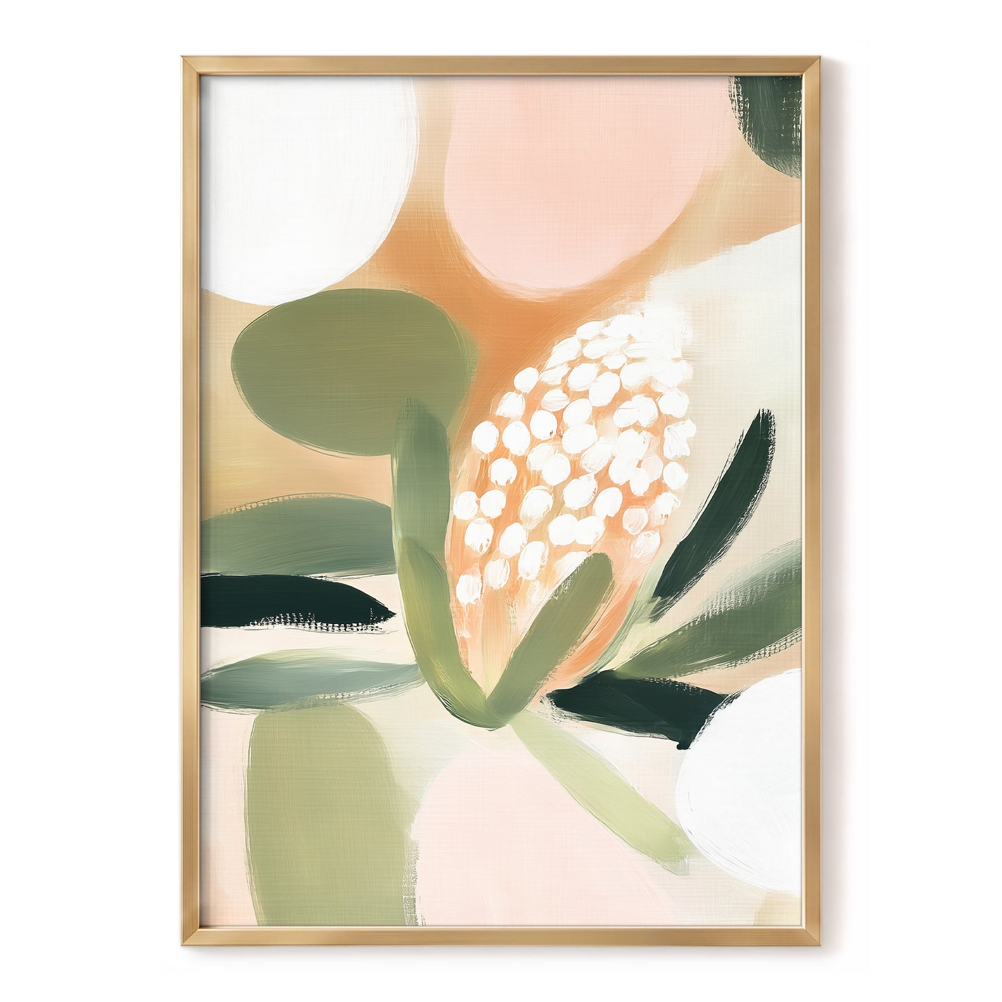 Blush Protea Garden, pink, green, beige floral wall art, front artwork view