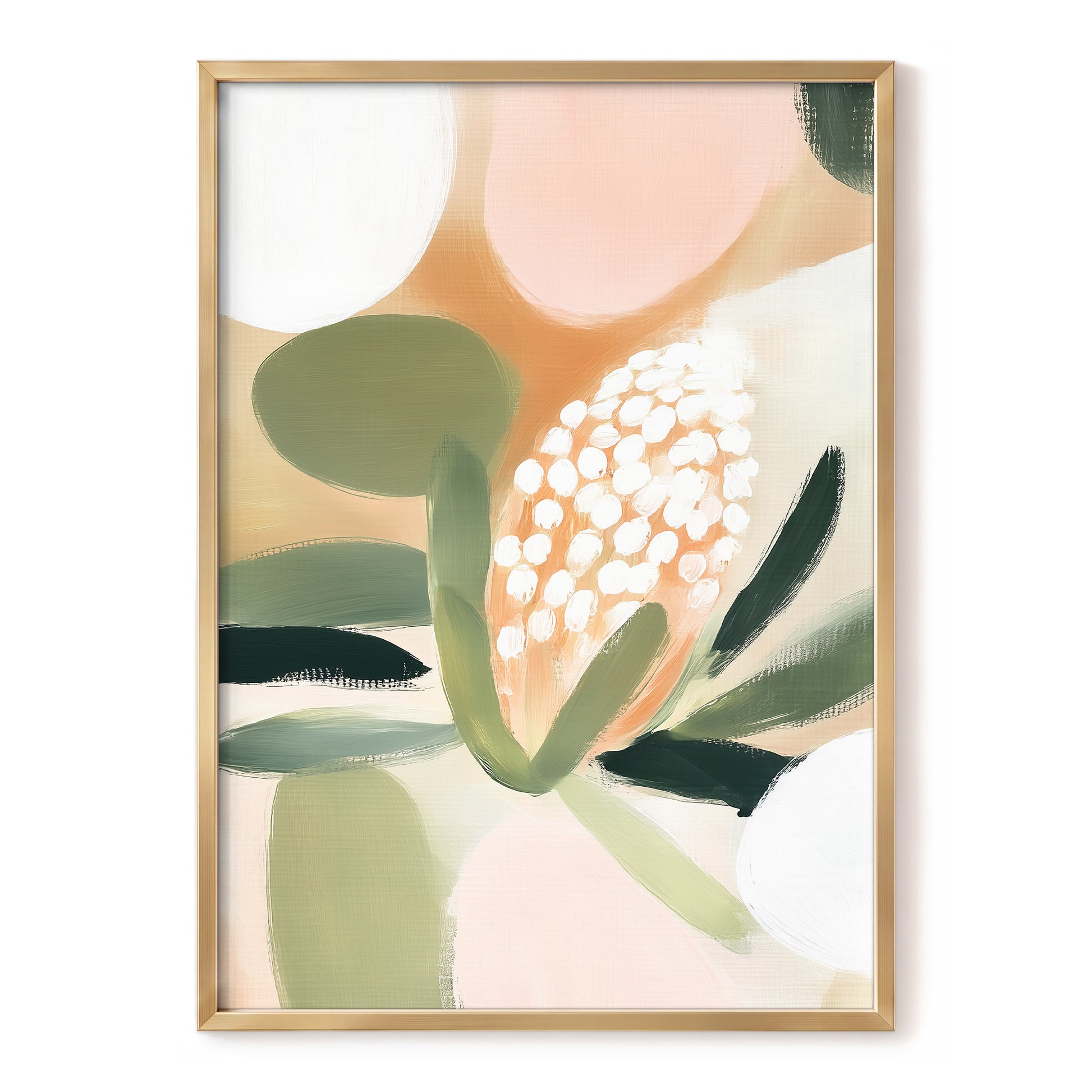 Blush Protea Garden, pink, green, beige floral wall art, front artwork view