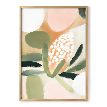 Blush Protea Garden, pink, green, beige floral wall art, front artwork view