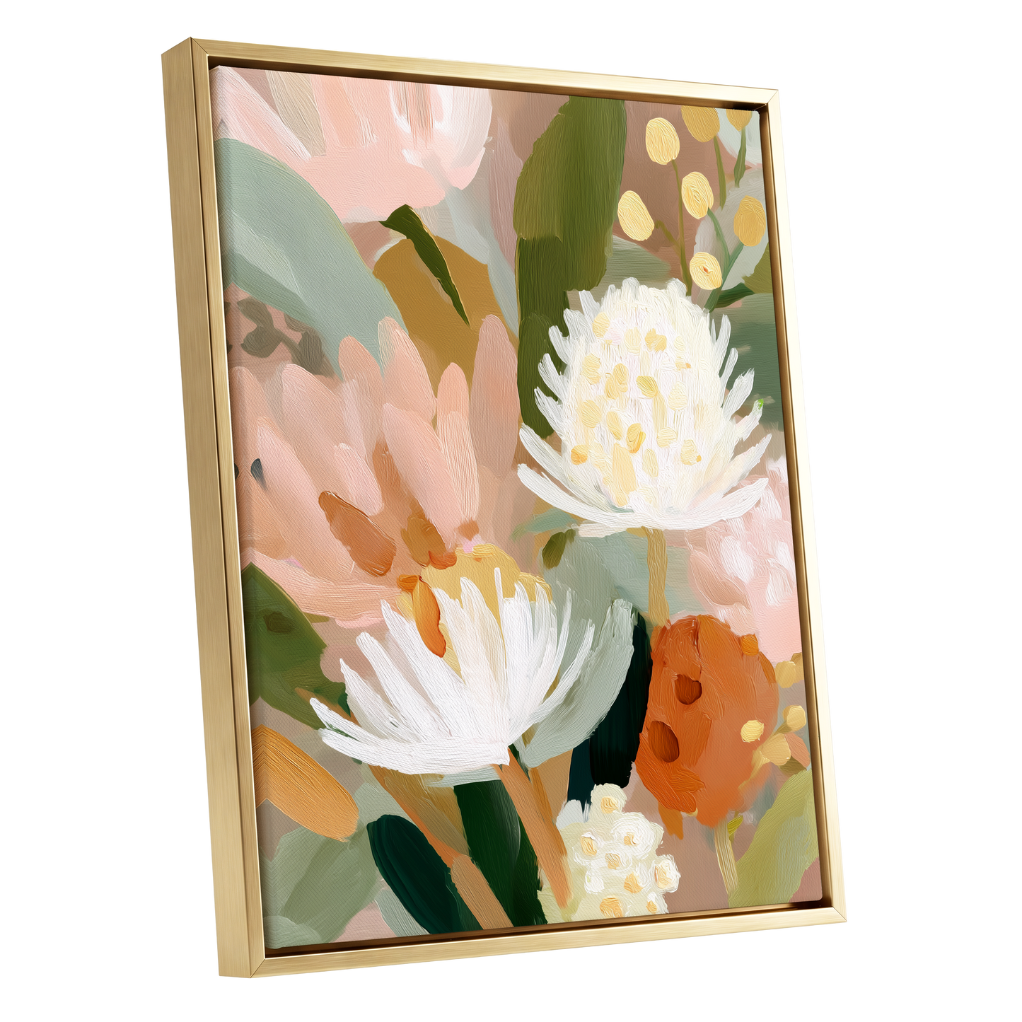 Blush Protea Garden, pink, white, green floral wall art shown as a gold framed canvas wall art