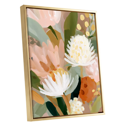 Blush Protea Garden, pink, white, green floral wall art shown as a gold framed canvas wall art