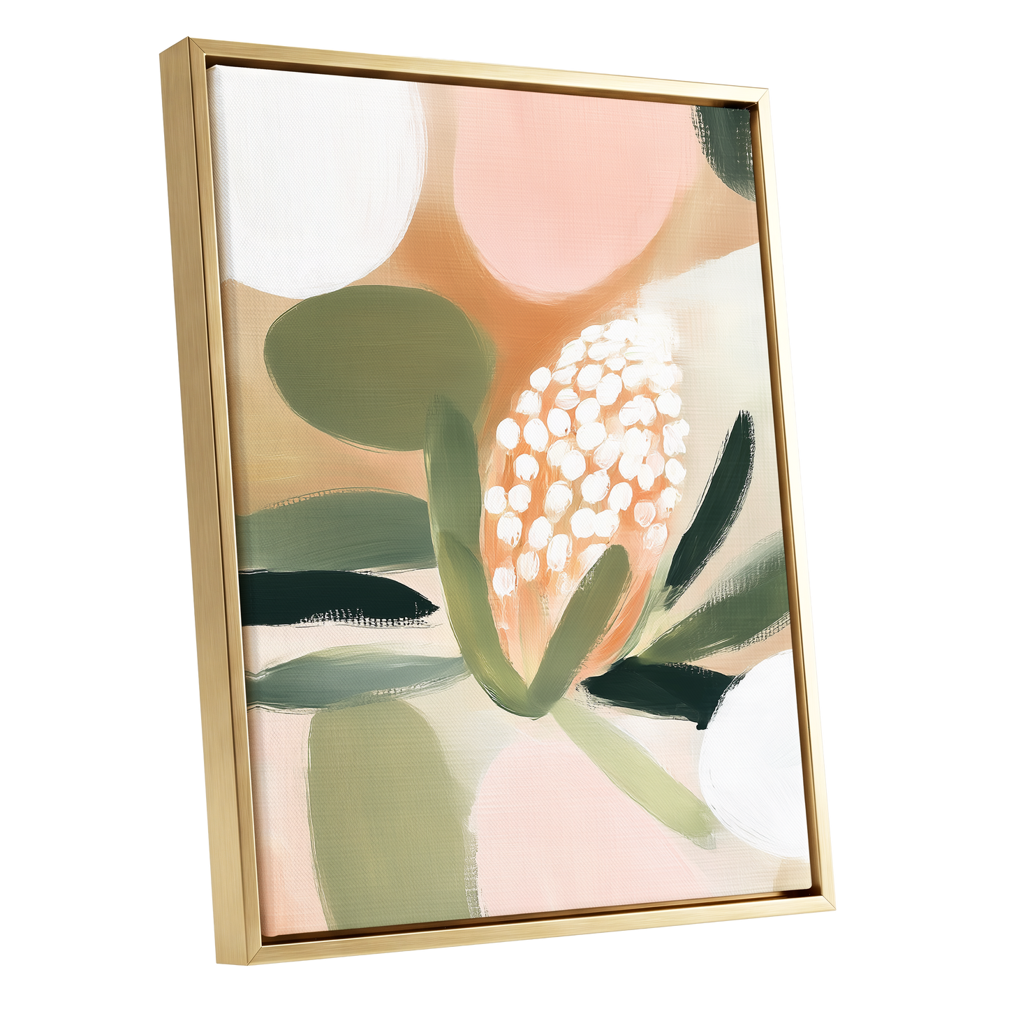 Blush Protea Garden, pink, green, beige floral wall art shown as a gold framed canvas wall art