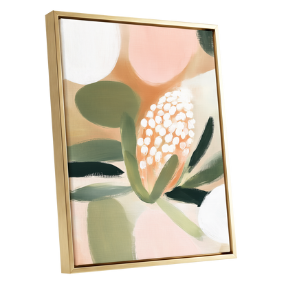 Blush Protea Garden, pink, green, beige floral wall art shown as a gold framed canvas wall art