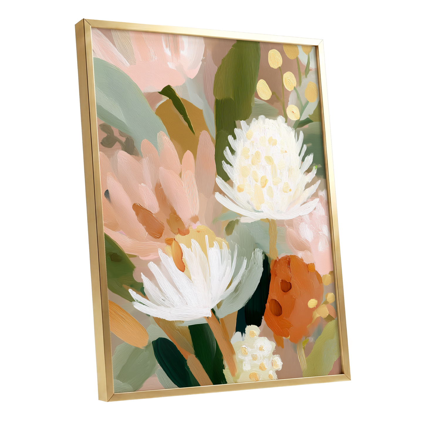 Blush Protea Garden, pink, white, green floral wall art shown as a gold framed poster wall art print