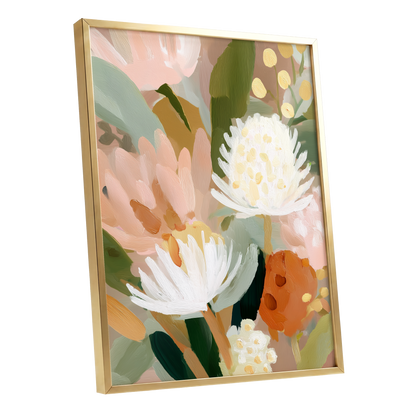 Blush Protea Garden, pink, white, green floral wall art shown as a gold framed poster wall art print